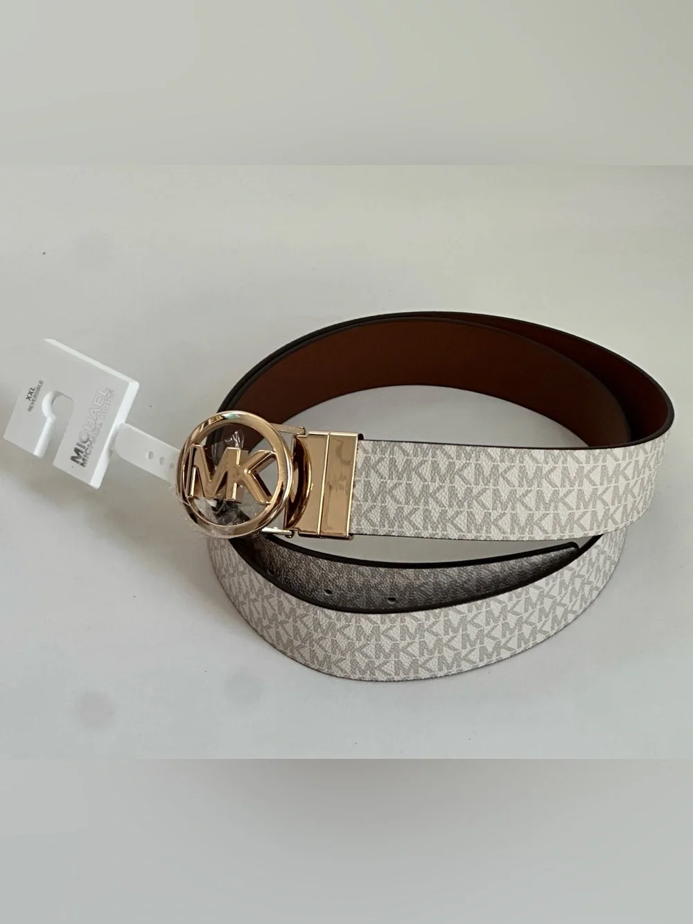 Michael Kors Reversible MK Logo Belt in White Logo and Brown